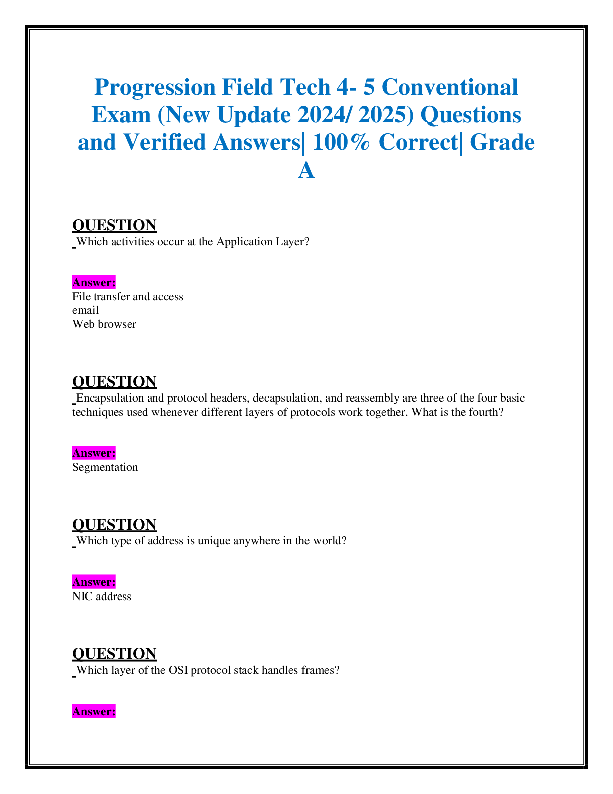 Recommended document preview for Progression Field Tech 4- 5 Conventional Exam (New Update 2024/ 2025) Questions and Verified Answers| 100% Correct| Grade A