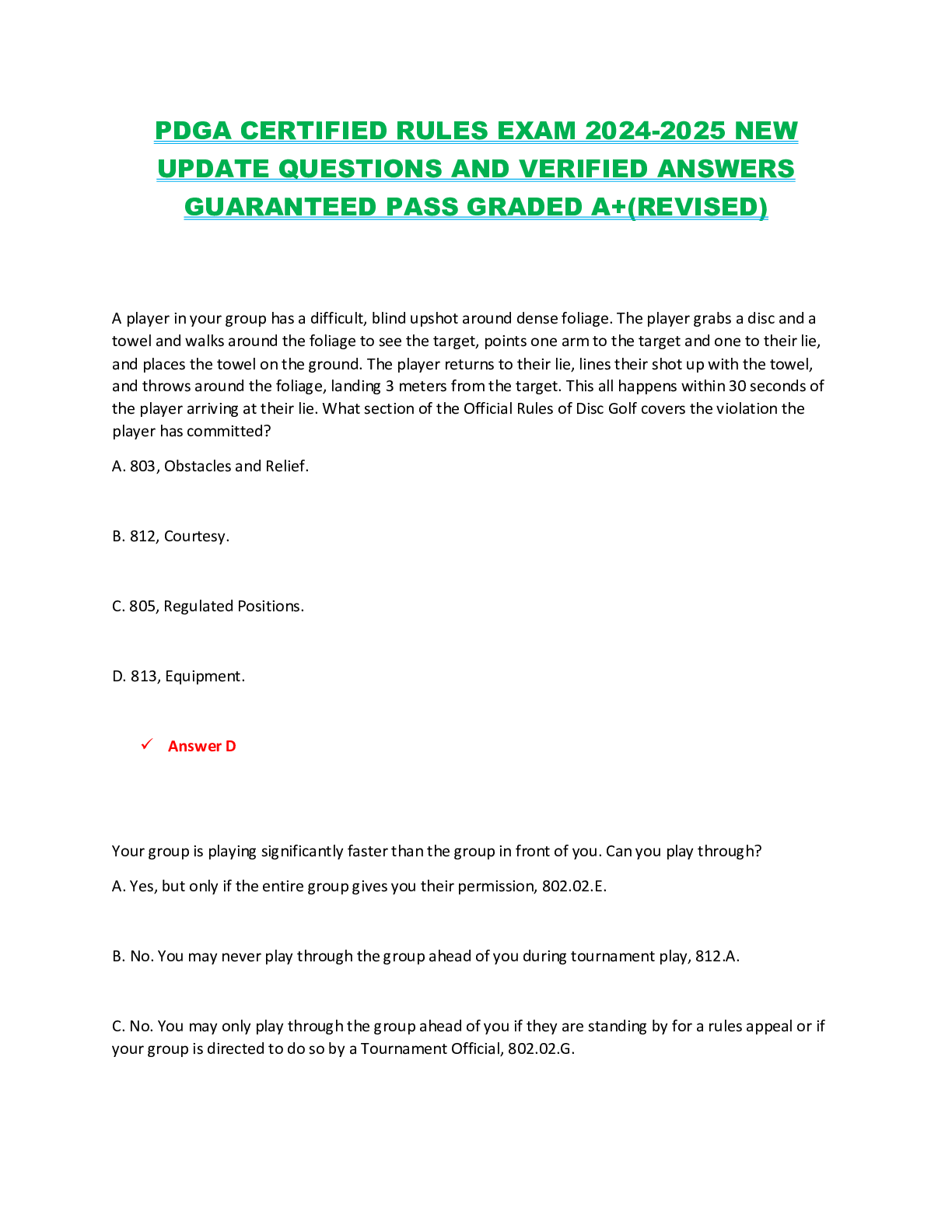 Preview image for PDGA CERTIFIED RULES EXAM 2024-2025 NEW UPDATE QUESTIONS AND VERIFIED ANSWERS GUARANTEED PASS GRADED A+(REVISED)