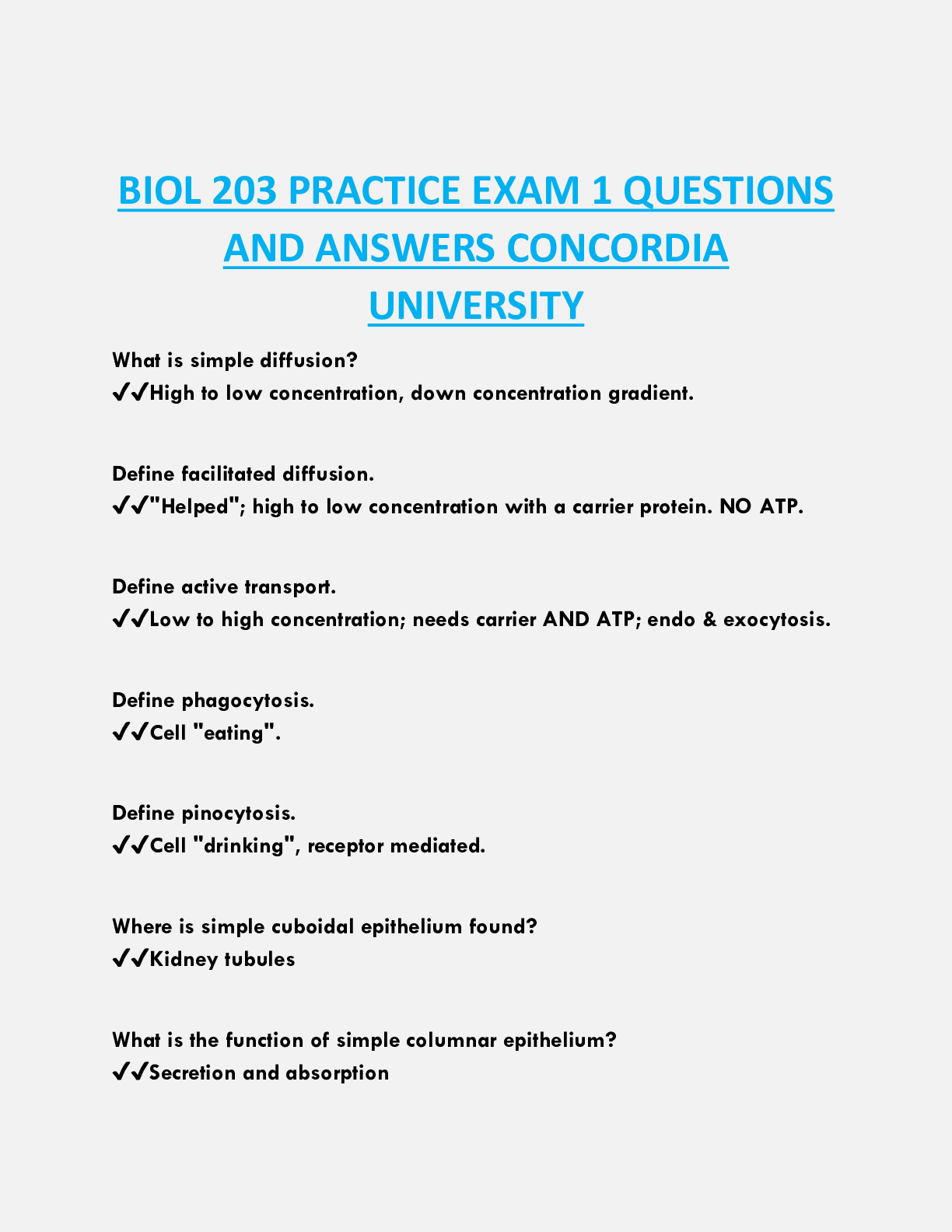 BIOL 203 PRACTICE EXAM 1 QUESTIONS  AND ANSWERS CONCORDIA  UNIVERSITY
