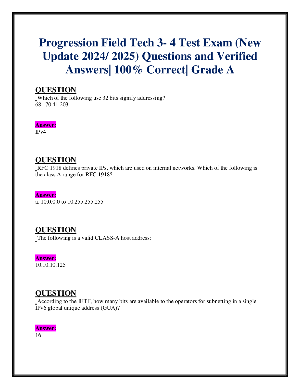 Recommended document preview for Progression Field Tech 3- 4 Test Exam (New  Update 2024/ 2025) Questions and Verified  Answers| 100% Correct| Grade A