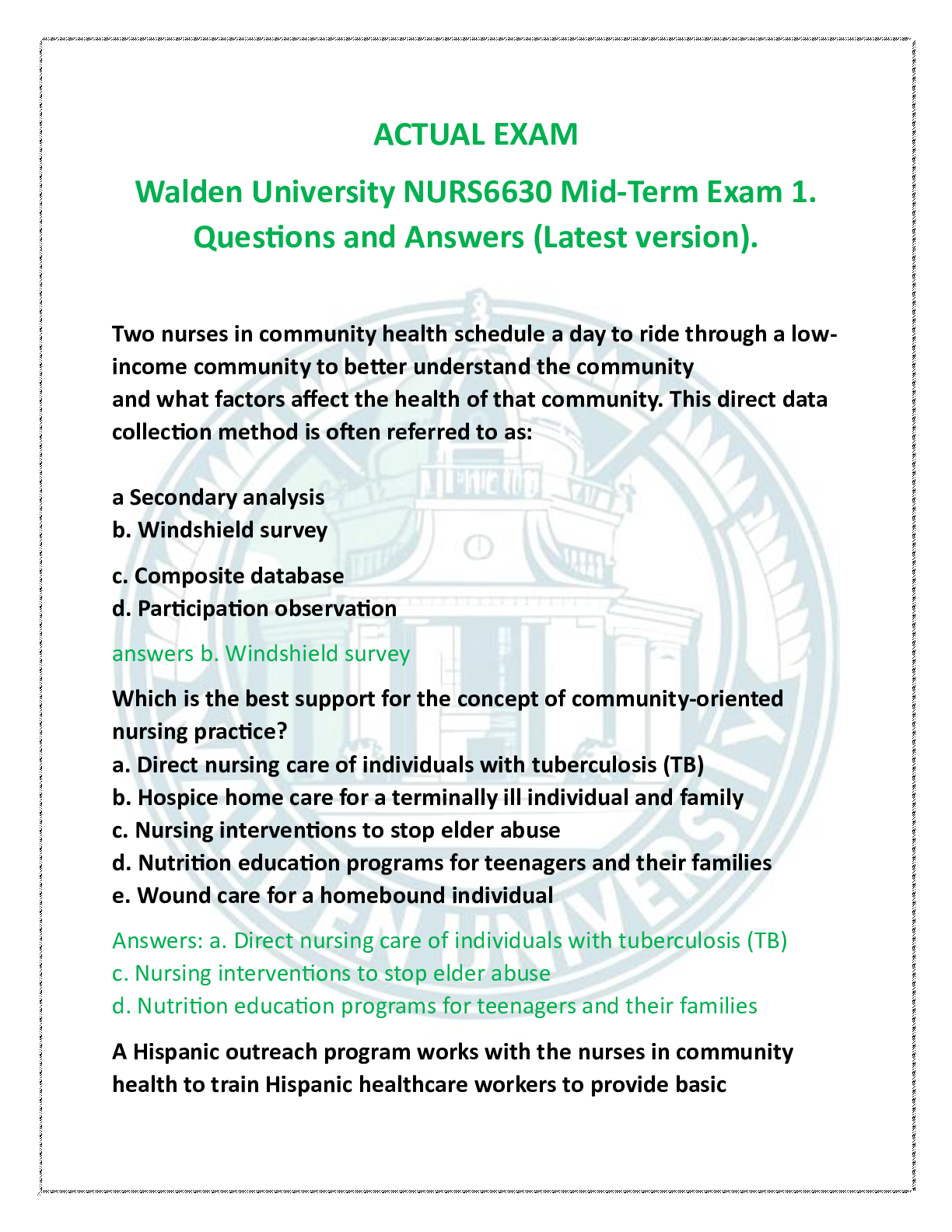Preview image for Walden University NURS6630 Mid-Term Exam 1.  Questions and Answers (Latest version)