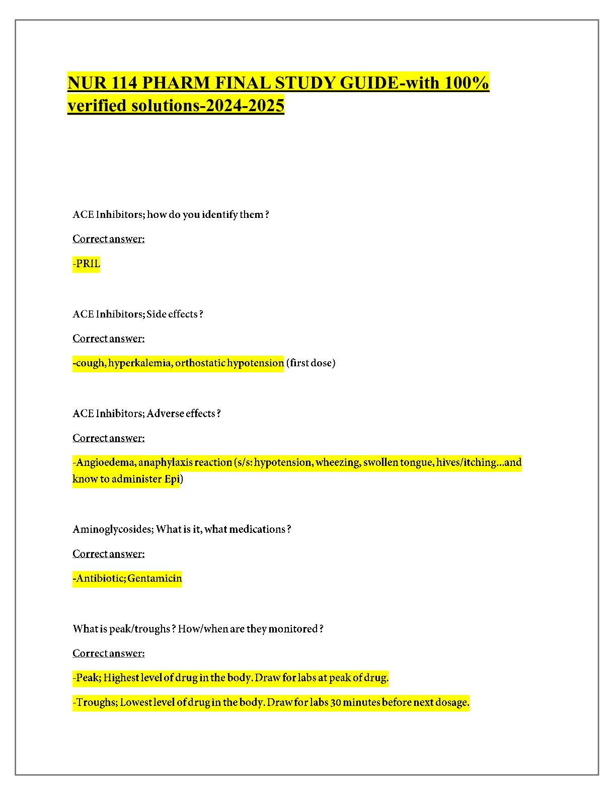 Recommended document preview for NUR 114 PHARM FINAL STUDY GUIDE-with 100% verified solutions-2024-2025