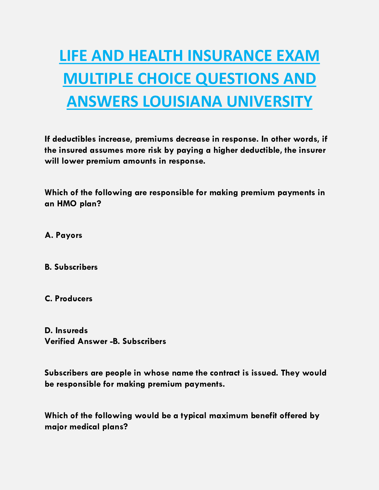 LIFE AND HEALTH INSURANCE EXAM  MULTIPLE CHOICE QUESTIONS AND  ANSWERS LOUISIANA UNIVERSITY