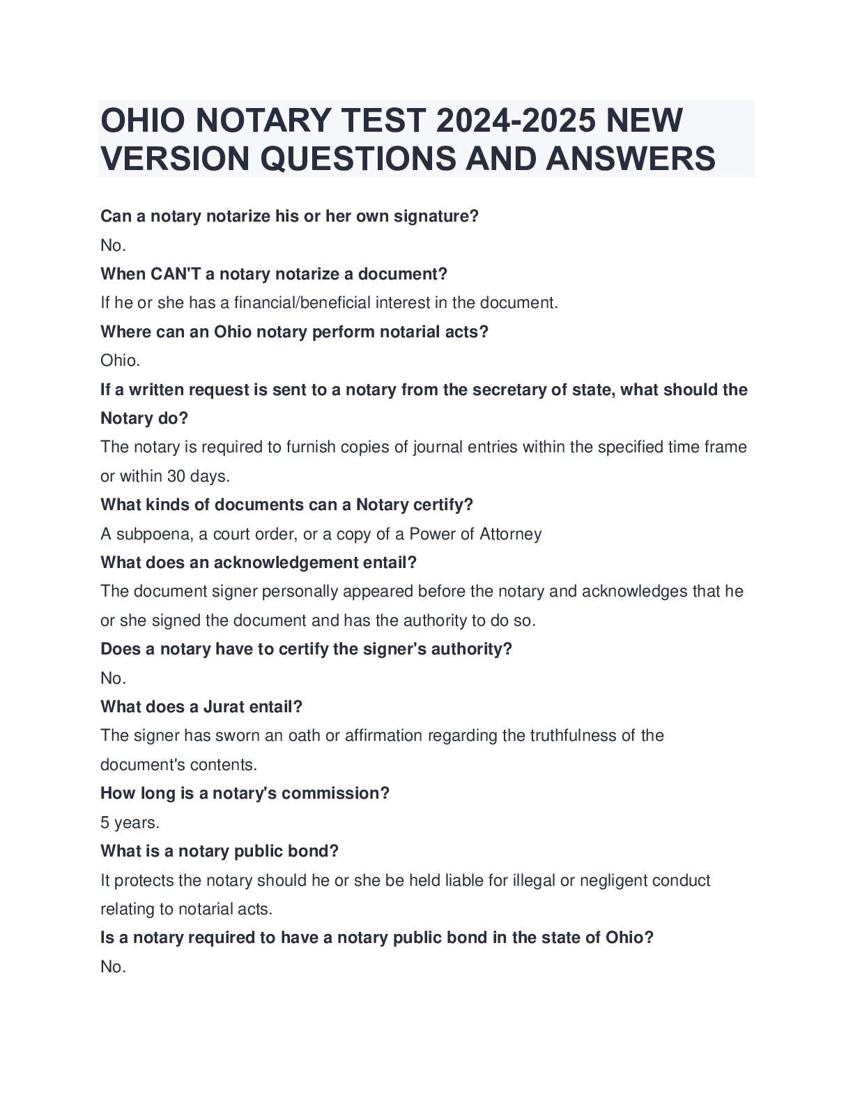 Preview image for OHIO NOTARY TEST 2024-2025 NEW VERSION QUESTIONS AND ANSWERS