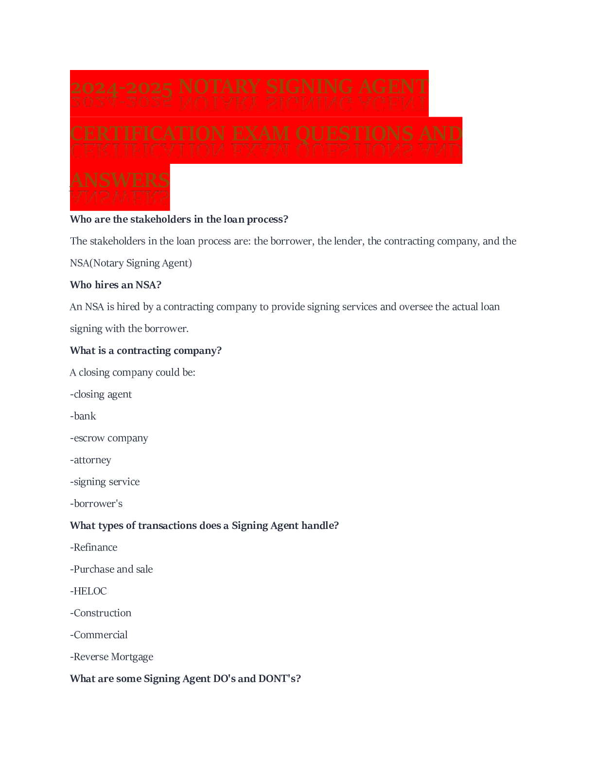 Preview of 2024-2025 NOTARY SIGNING AGENT CERTIFICATION EXAM QUESTIONS AND ANSWERS