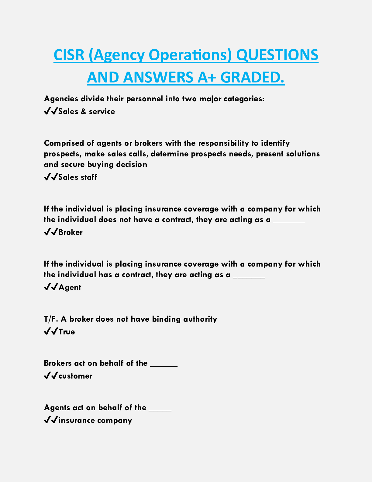 CISR (Agency Operations) QUESTIONS  AND ANSWERS A+ GRADED.