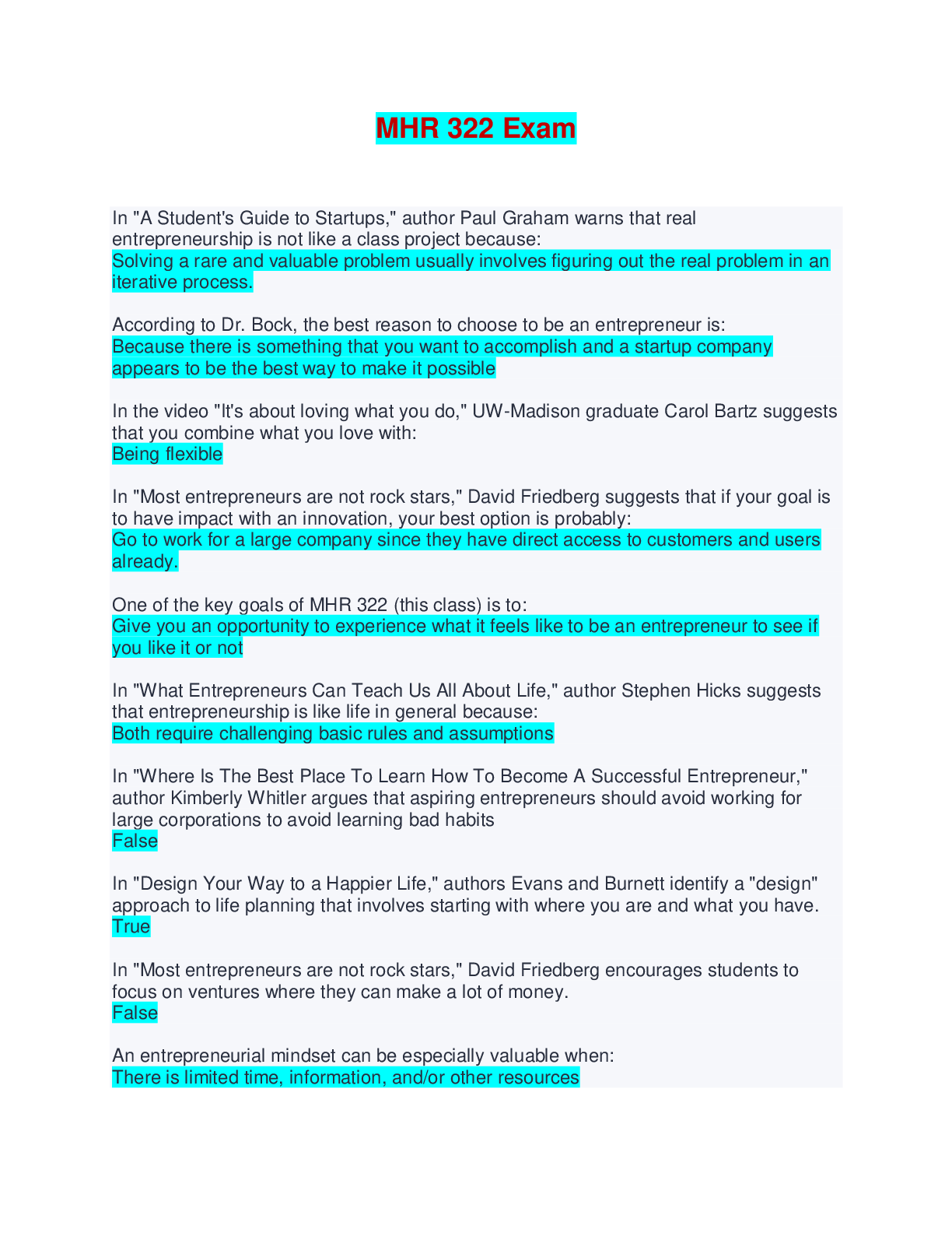 Preview of MHR 322 Exam | Questions with Verified Answers