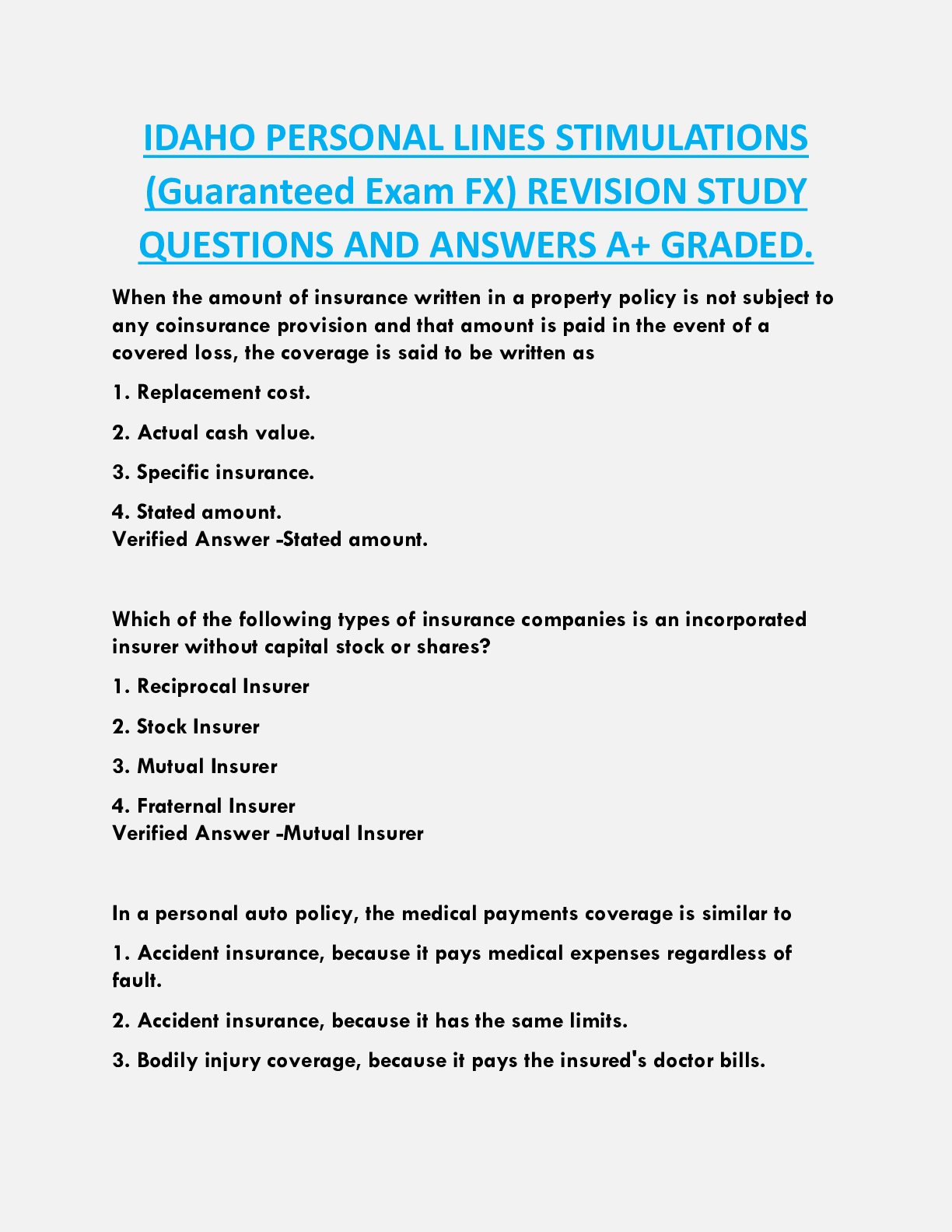 Preview of IDAHO PERSONAL LINES STIMULATIONS  (Guaranteed Exam FX) REVISION STUDY  QUESTIONS AND ANSWERS A+ GRADED