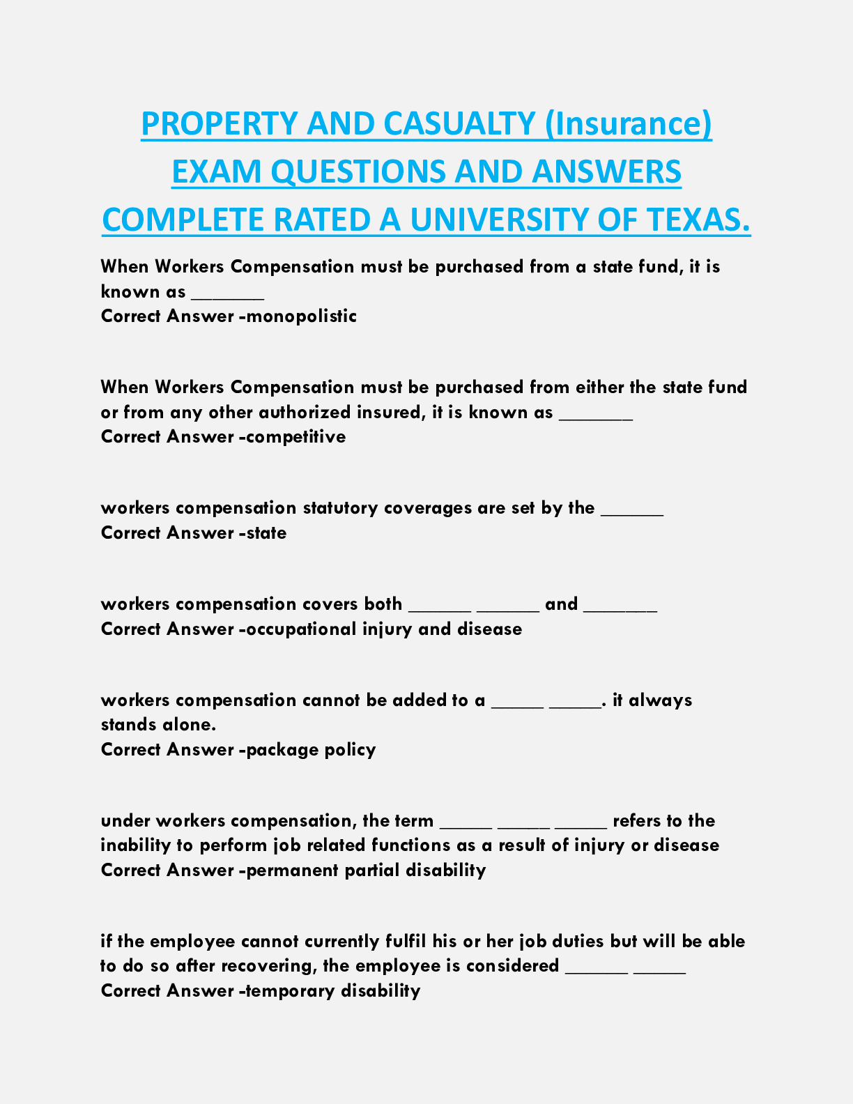 PROPERTY AND CASUALTY (Insurance)  EXAM QUESTIONS AND ANSWERS  COMPLETE RATED A UNIVERSITY OF TEXAS.
