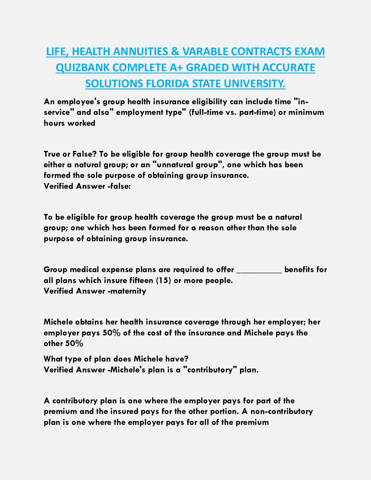 LIFE, HEALTH ANNUITIES & VARABLE CONTRACTS EXAM  QUIZBANK COMPLETE A+ GRADED WITH ACCURATE  SOLUTIONS FLORIDA STATE UNIVERSITY.
