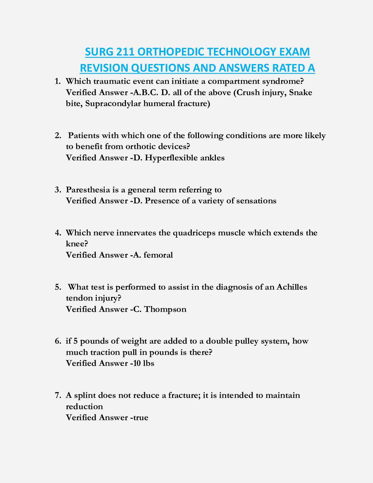SURG 211 ORTHOPEDIC TECHNOLOGY EXAM  REVISION QUESTIONS AND ANSWERS RATED A