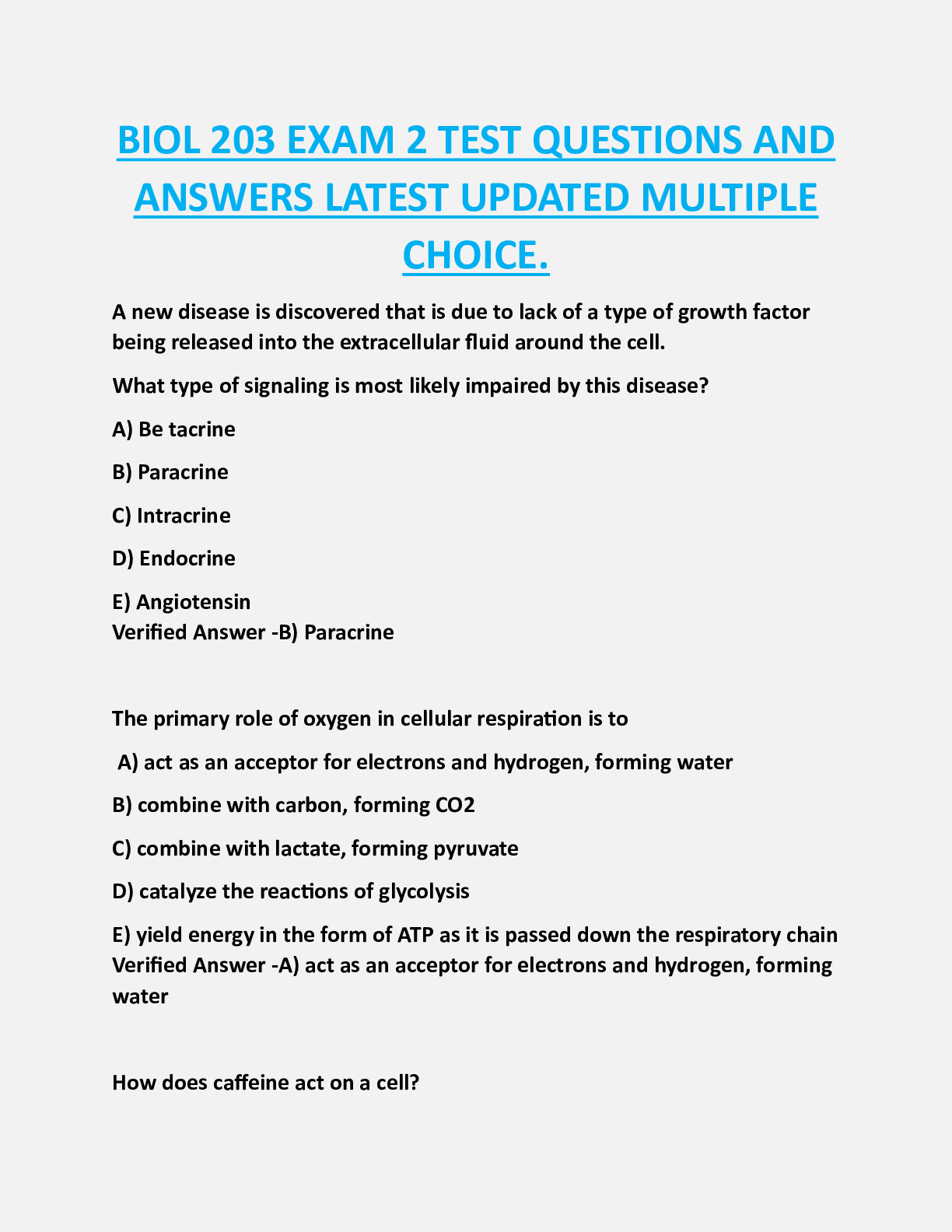 BIOL 203 EXAM 2 TEST QUESTIONS AND  ANSWERS LATEST UPDATED MULTIPLE  CHOICE