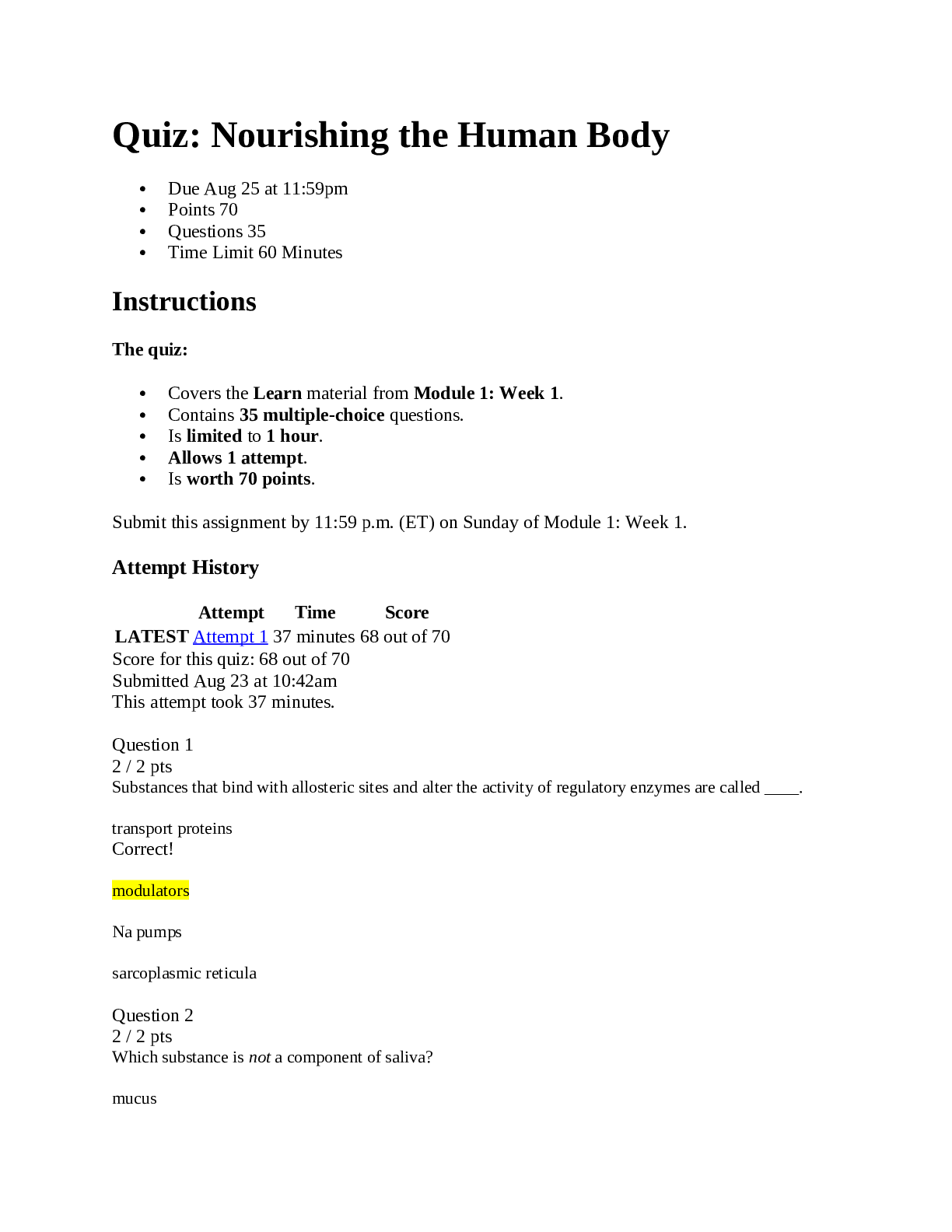Preview image for Liberty University HLTH 642 Quiz: Nourishing the Human Body Score for this quiz: 68 out of 70