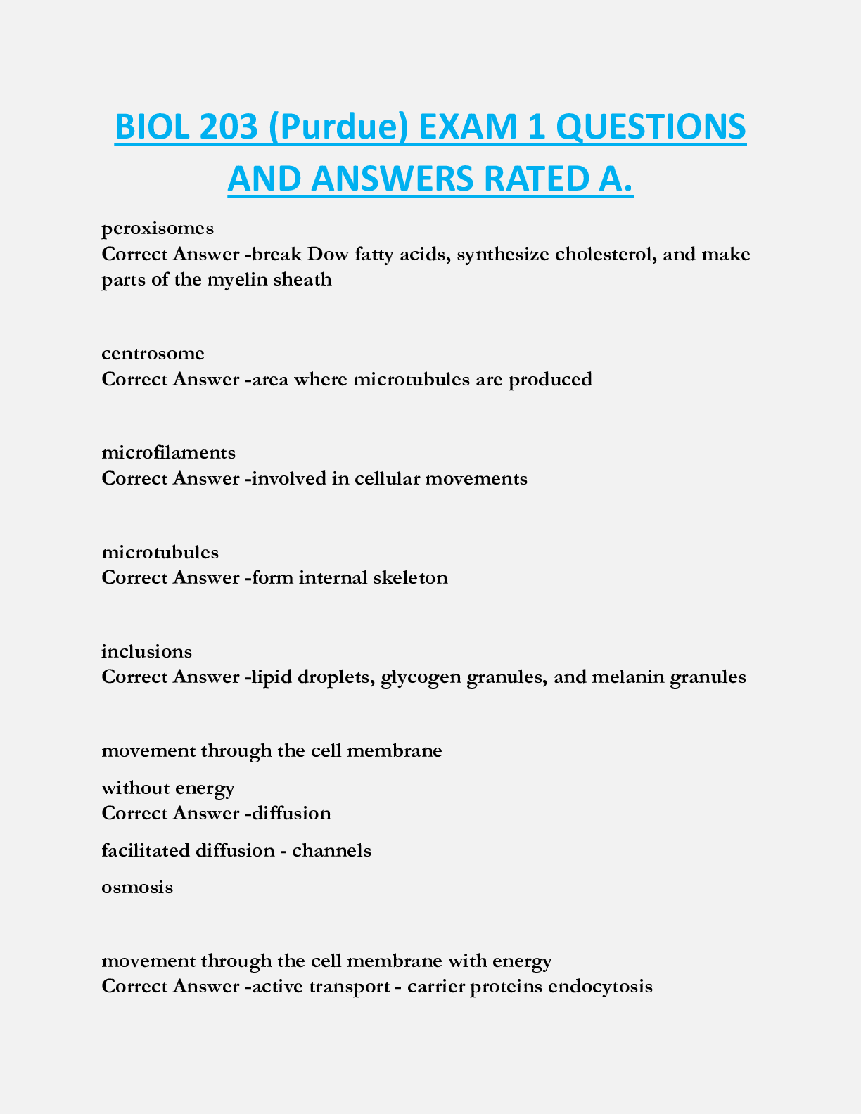 BIOL 203 (Purdue) EXAM 1 QUESTIONS  AND ANSWERS RATED A.