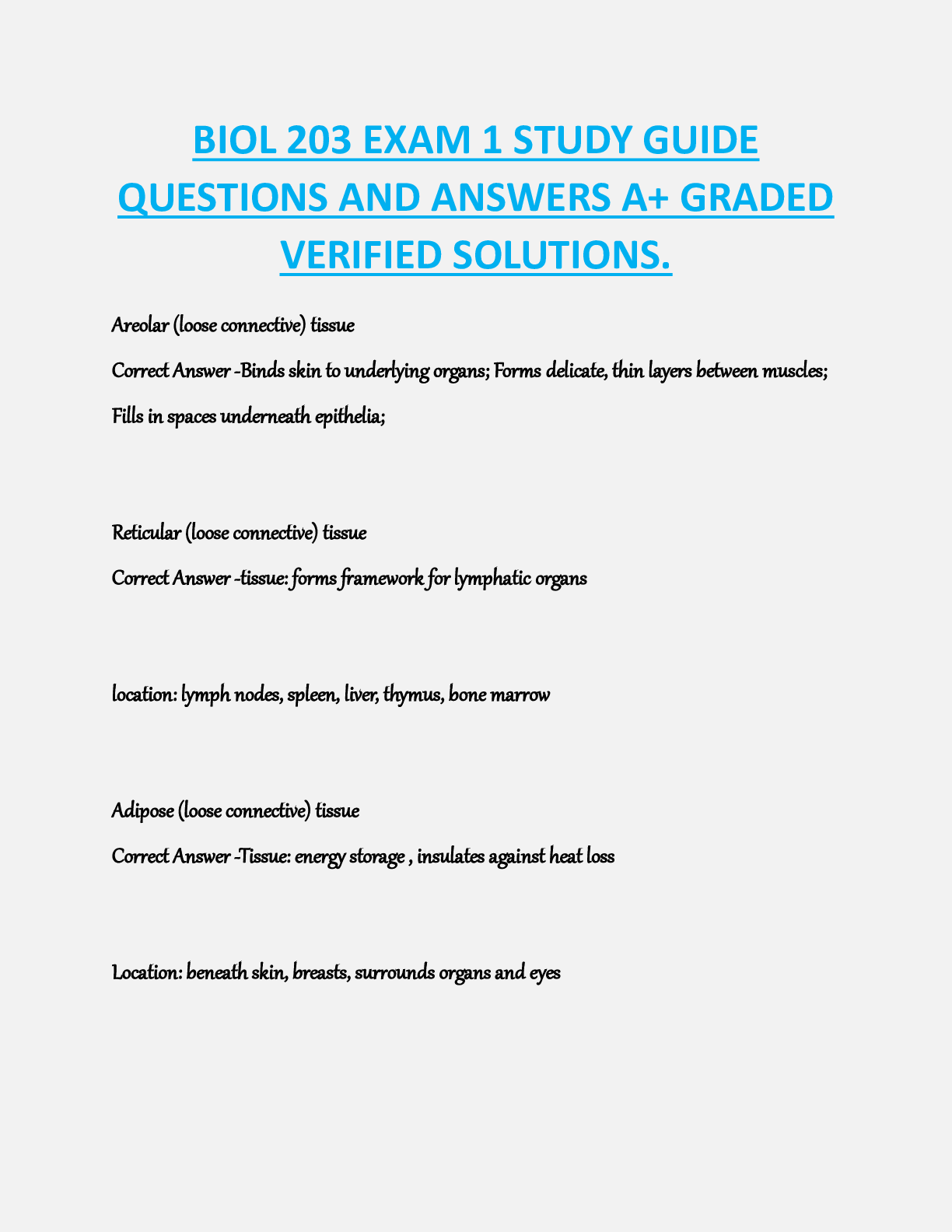 BIOL 203 EXAM 1 STUDY GUIDE  QUESTIONS AND ANSWERS A+ GRADED  VERIFIED SOLUTIONS.