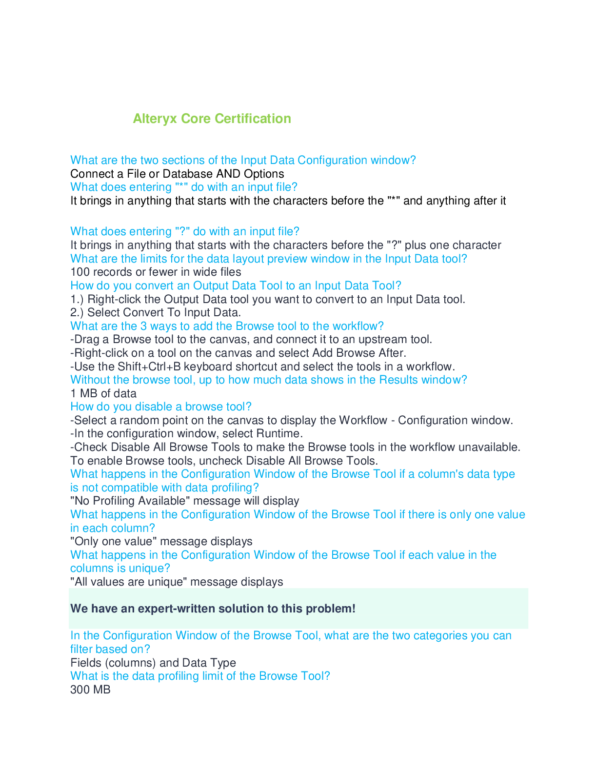 Preview of Alteryx Core Certification questions and answers rated A+ complete solution 2024/2025