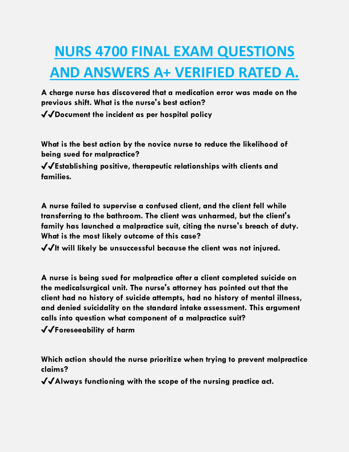 NURS 4700 FINAL EXAM QUESTIONS  AND ANSWERS A+ VERIFIED RATED A.