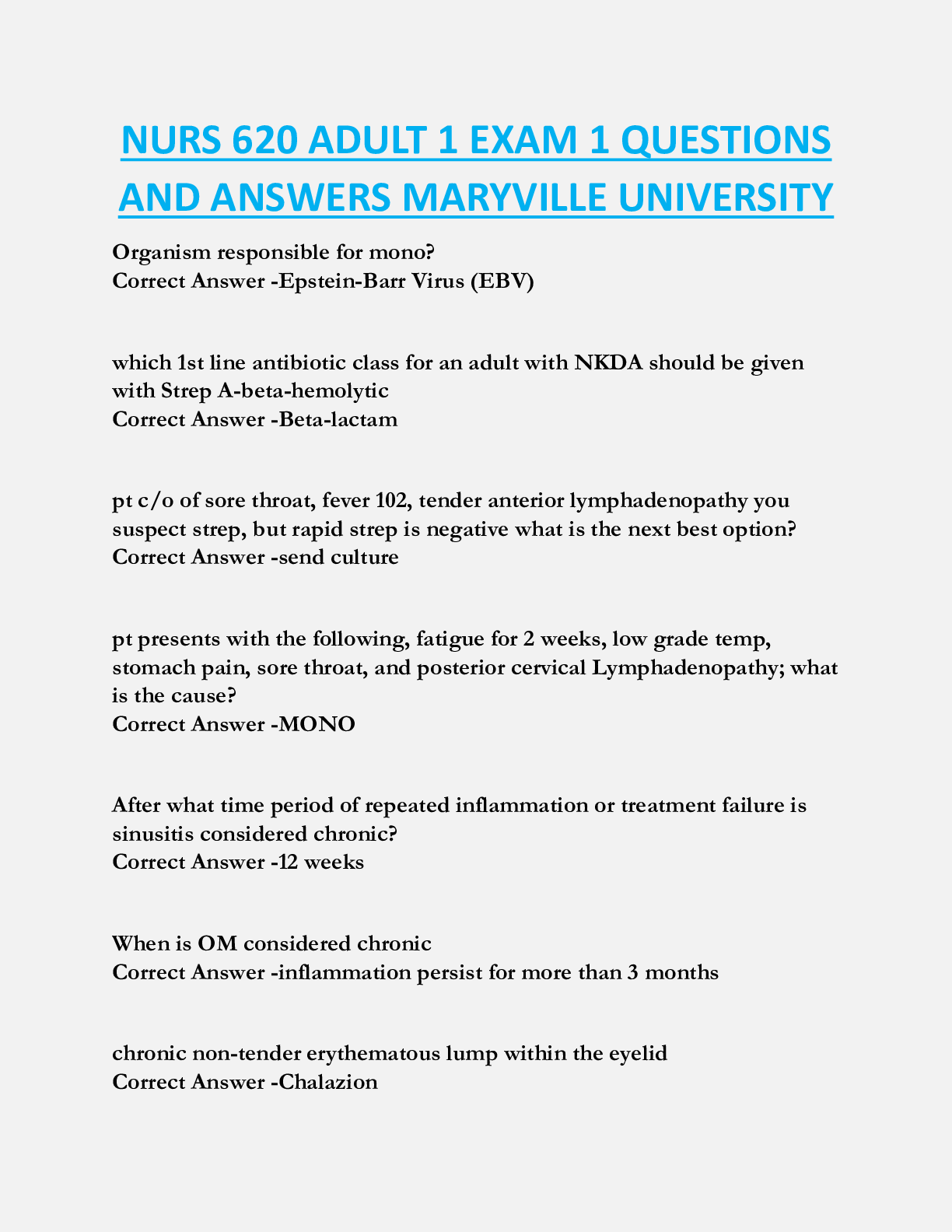 NURS 620 ADULT 1 EXAM 1 QUESTIONS  AND ANSWERS MARYVILLE UNIVERSITY