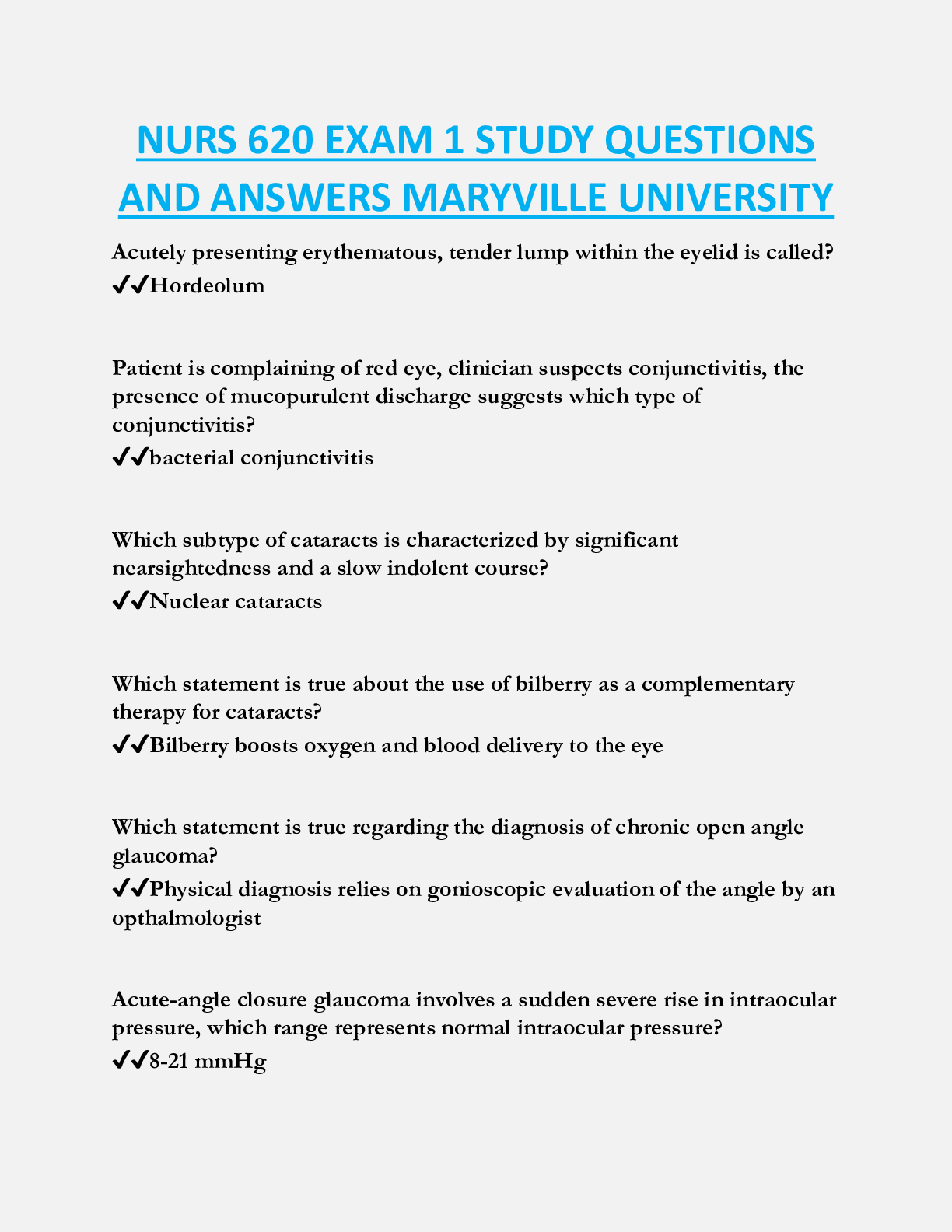 NURS 620 EXAM 1 STUDY QUESTIONS  AND ANSWERS MARYVILLE UNIVERSITY