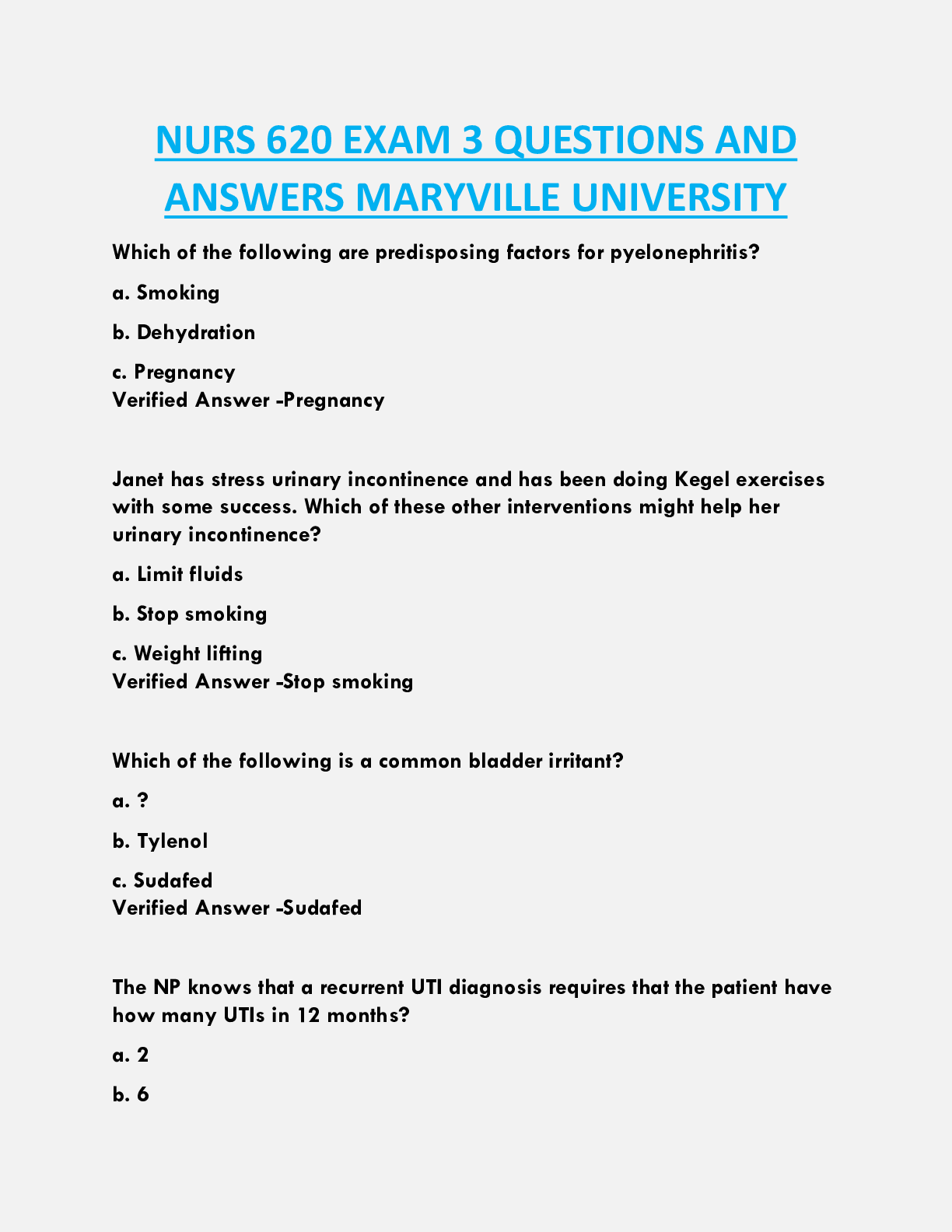NURS 620 EXAM 3 QUESTIONS AND  ANSWERS MARYVILLE UNIVERSITY