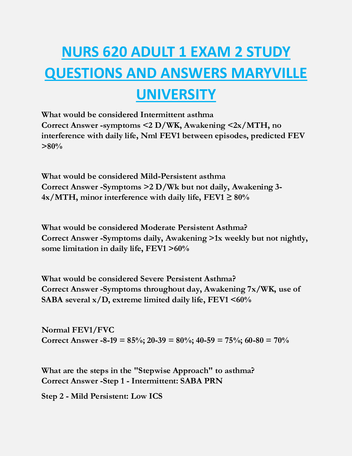 NURS 620 ADULT 1 EXAM 2 STUDY  QUESTIONS AND ANSWERS MARYVILLE  UNIVERSITY