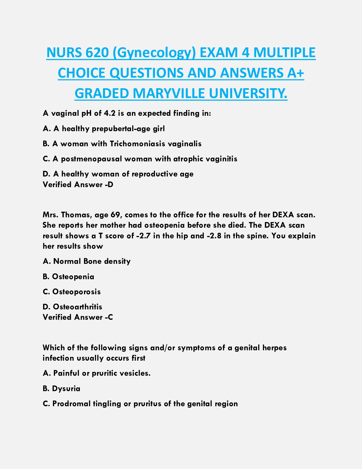 NURS 620 (Gynecology) EXAM 4 MULTIPLE  CHOICE QUESTIONS AND ANSWERS A+  GRADED MARYVILLE UNIVERSITY