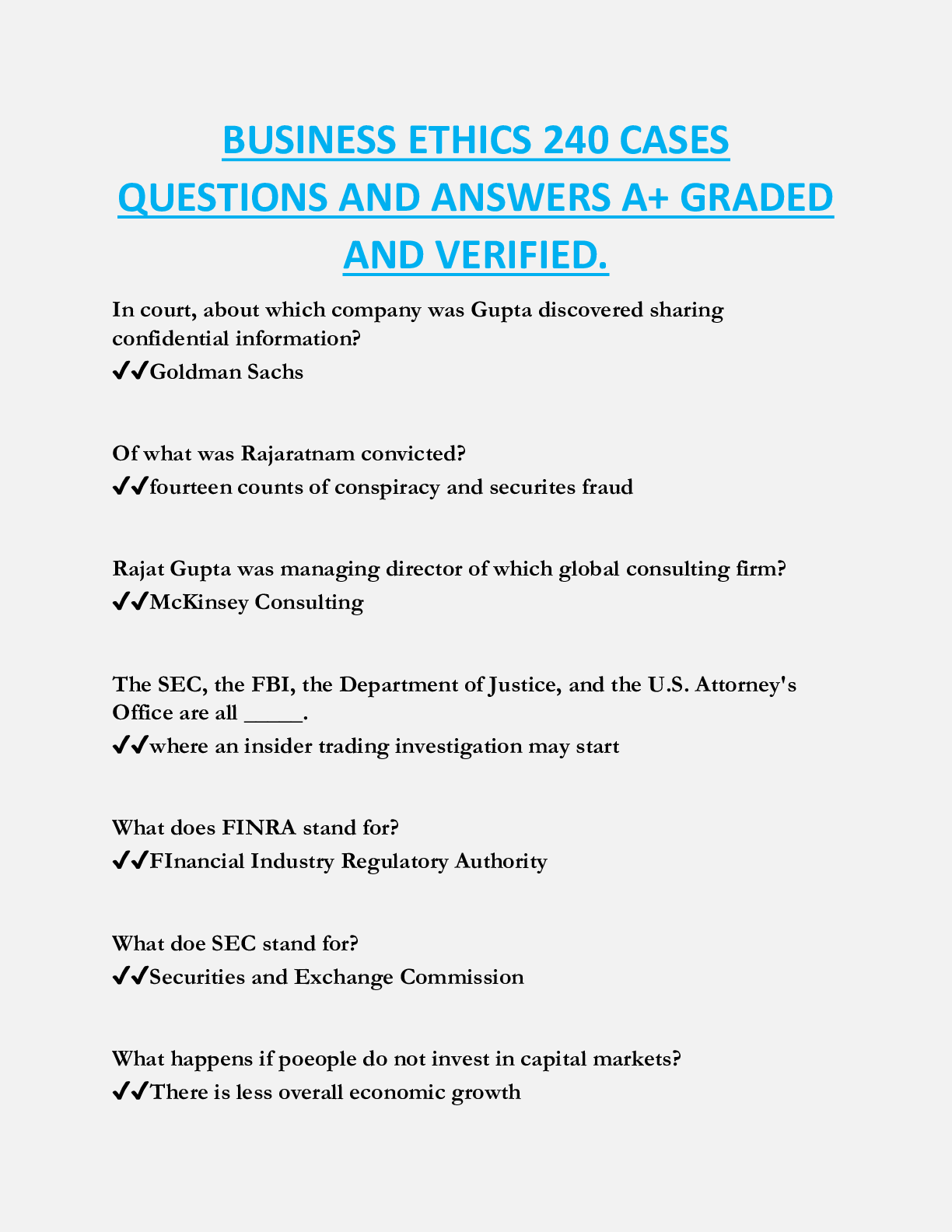 BUSINESS ETHICS 240 CASES  QUESTIONS AND ANSWERS A+ GRADED  AND VERIFIED.