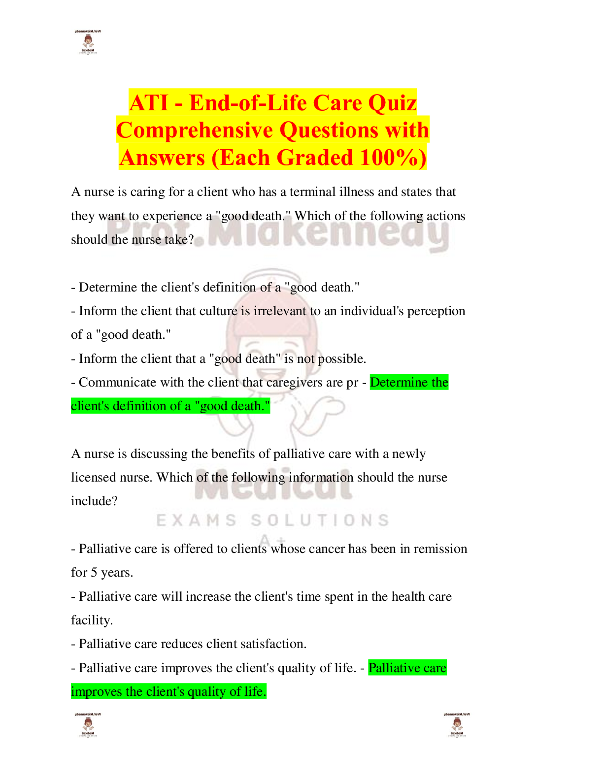Preview image for ATI - End-of-Life Care Quiz Comprehensive Questions with Answers (Each Graded 100%)