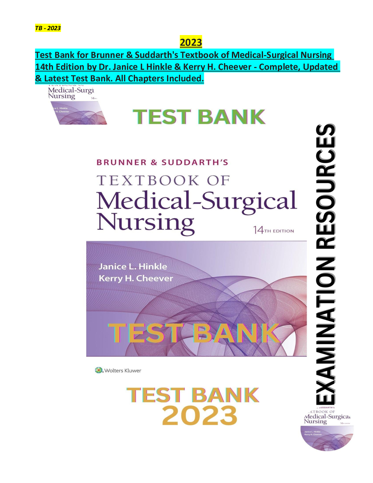 Preview image for Test Bank for Brunner & Suddarth's Textbook of Medical-Surgical Nursing 14thE by Dr. Janice L Hinkle & Kerry H. Cheever. All Chapters (1-73)