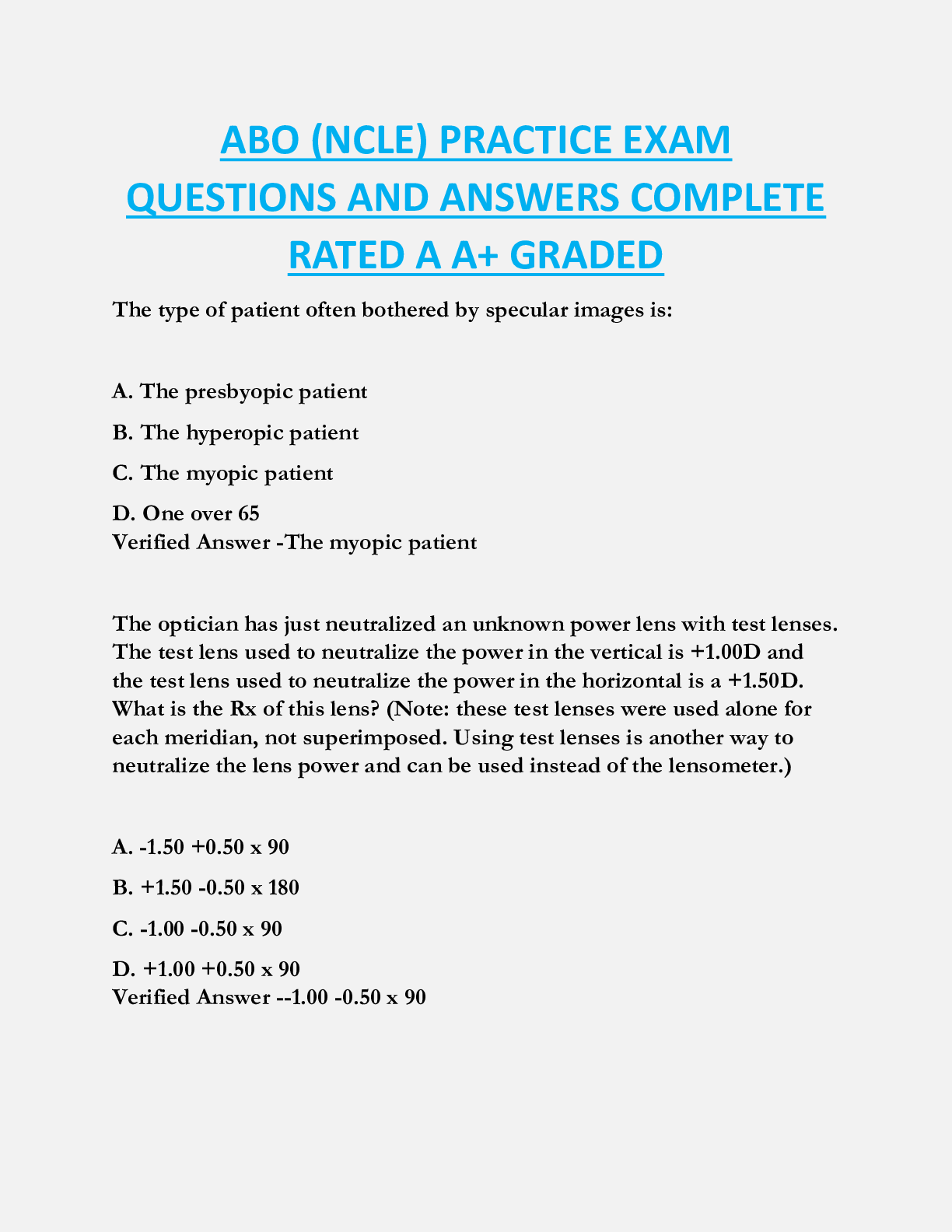 ABO (NCLE) PRACTICE EXAM  QUESTIONS AND ANSWERS COMPLETE  RATED A A+ GRADED