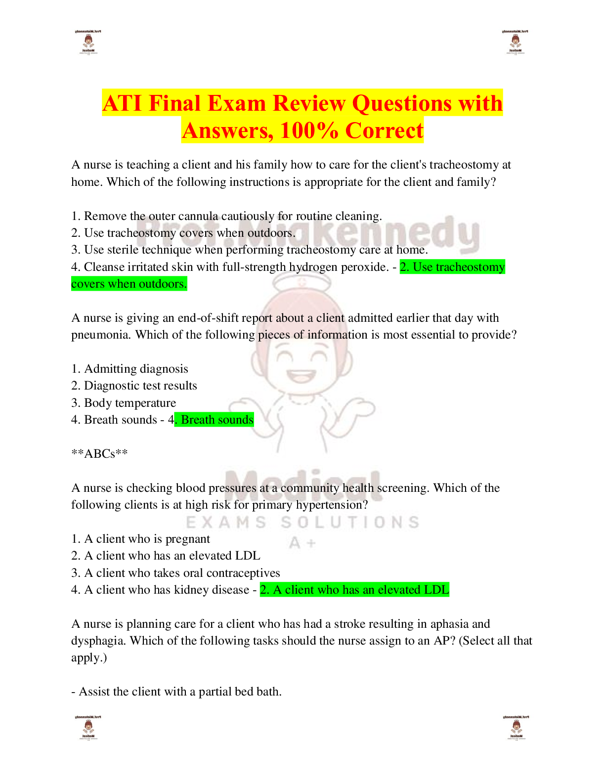 ATI Final Exam Review Questions with Answers, 100% Correct