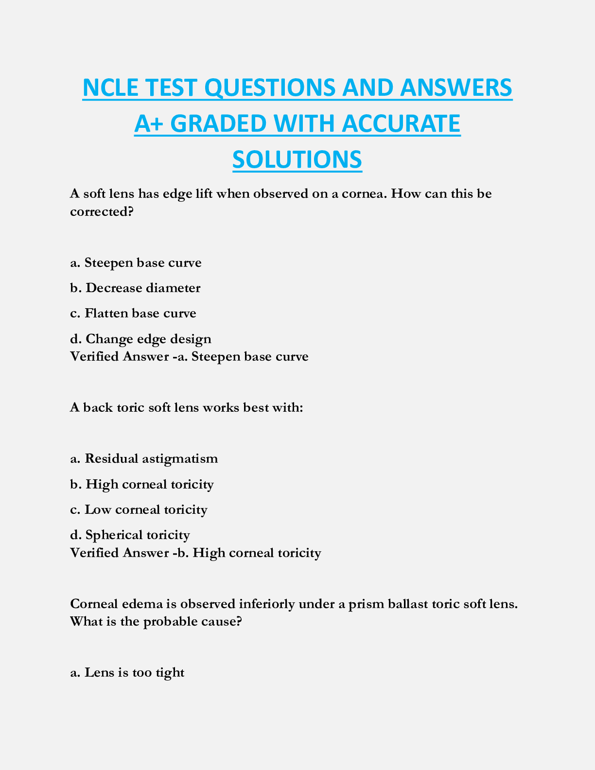 NCLE TEST QUESTIONS AND ANSWERS  A+ GRADED WITH ACCURATE  SOLUTIONS