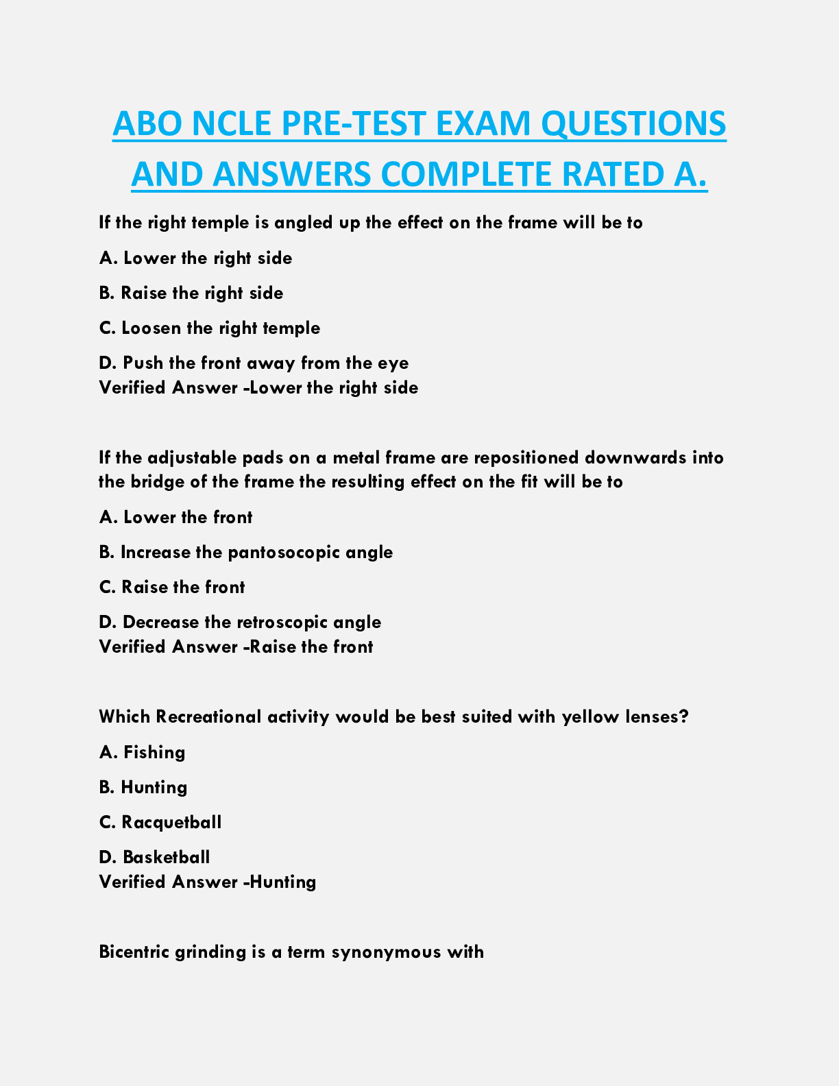 ABO NCLE PRE-TEST EXAM QUESTIONS  AND ANSWERS COMPLETE RATED A.