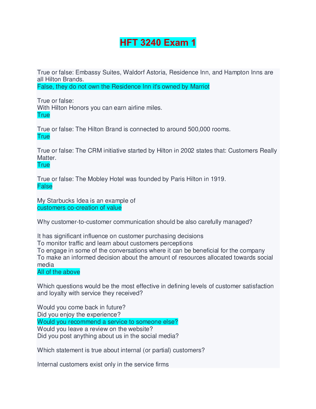 Preview of HFT 3240 Exam 1 | Questions and Answers