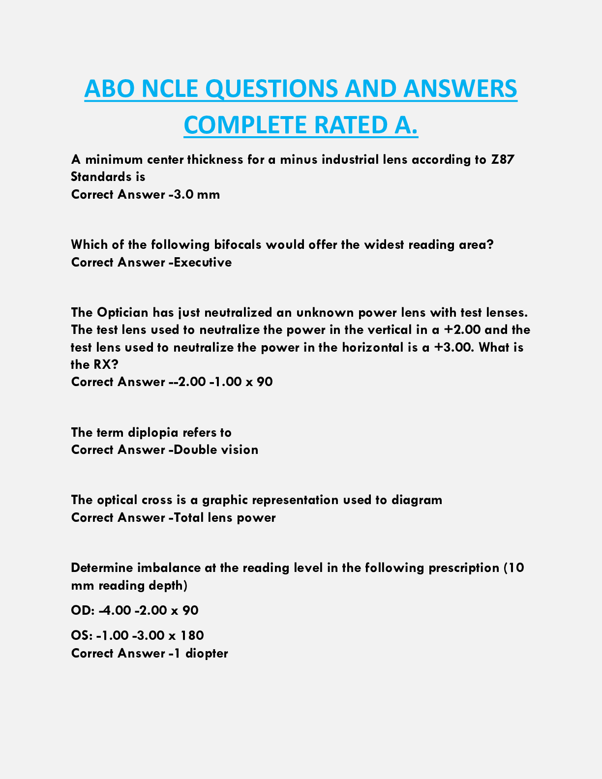 ABO NCLE QUESTIONS AND ANSWERS  COMPLETE RATED A.