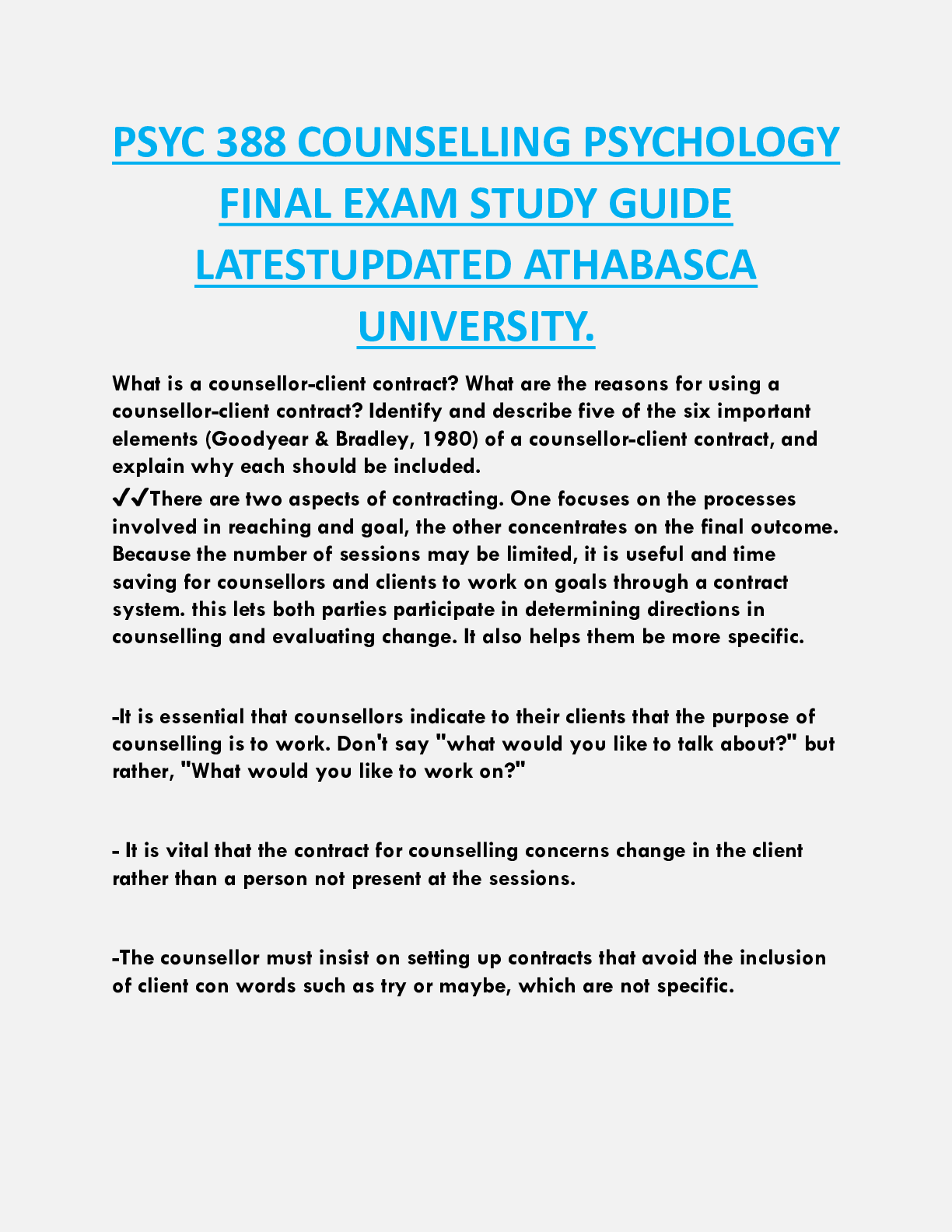 PSYC 388 COUNSELLING PSYCHOLOGY   FINAL EXAM STUDY GUIDE  LATESTUPDATED ATHABASCA  UNIVERSITY.