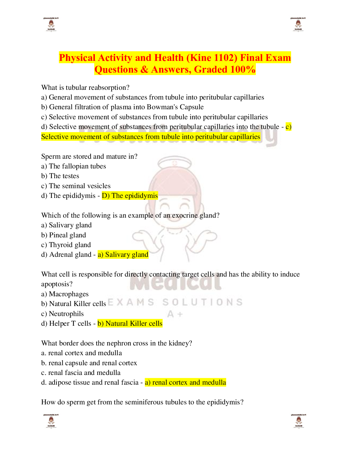 Preview of Physical Activity and Health (Kine 1102) Final Exam Questions &amp; Answers, Graded 100%