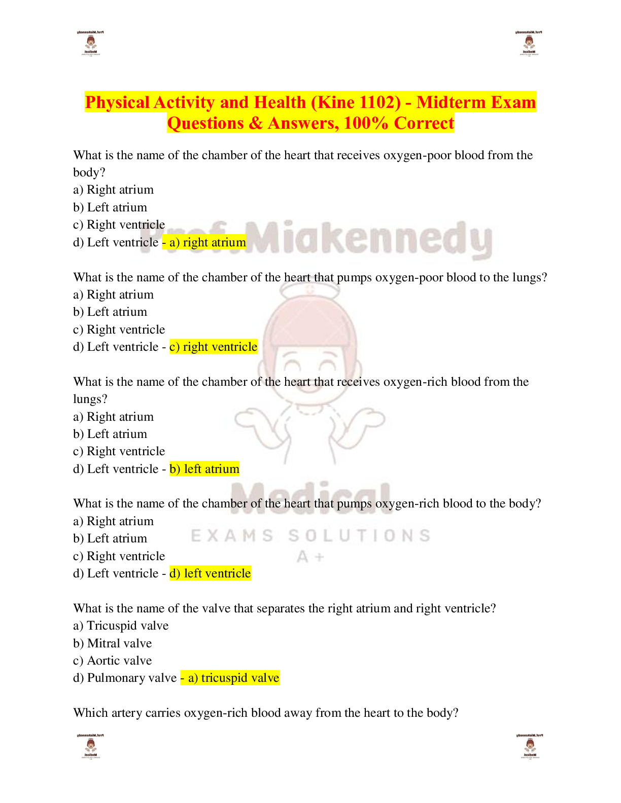 Preview of Physical Activity and Health (Kine 1102) - Midterm Exam Questions &amp; Answers, 100% Correct