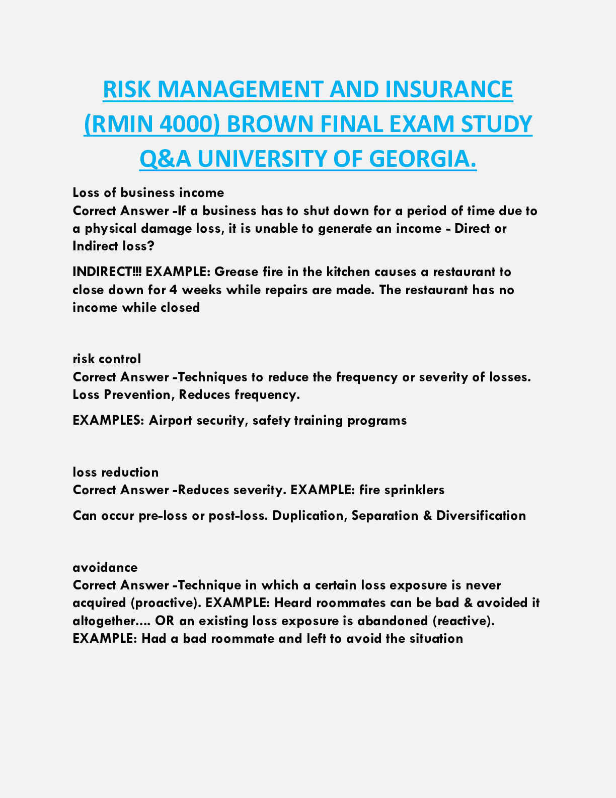 Preview of RISK MANAGEMENT AND INSURANCE  (RMIN 4000) BROWN FINAL EXAM STUDY  Q&A UNIVERSITY OF GEORG