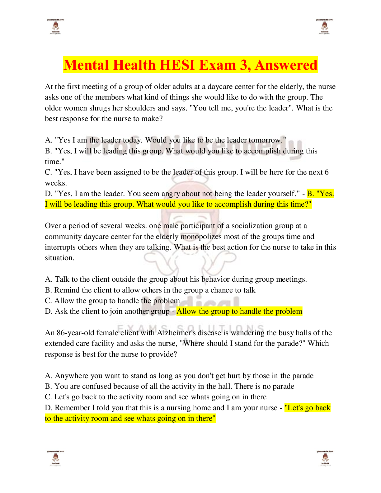 Preview of Mental Health HESI Exam 3 2024/2025, Answered