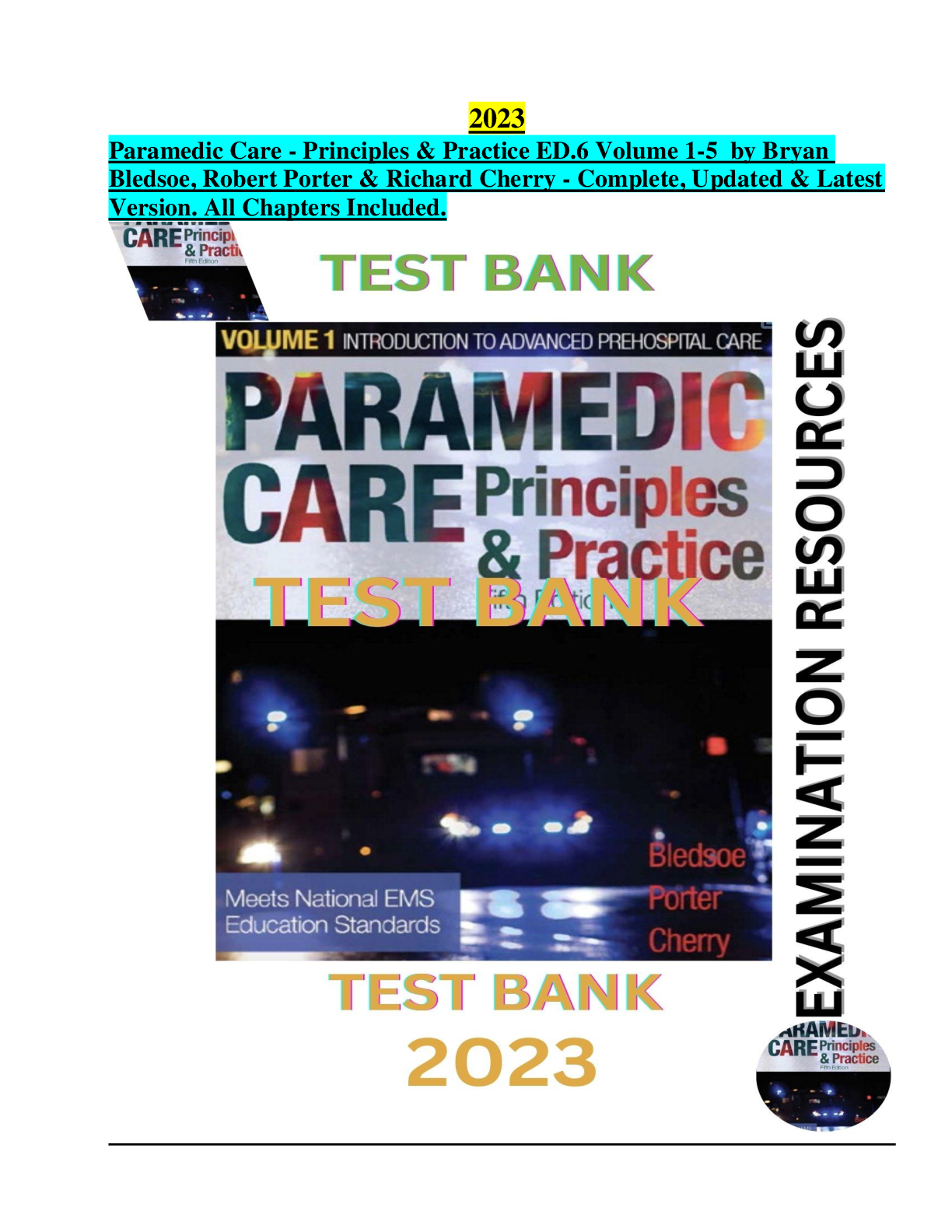 Preview image for Test Bank for Paramedic Care - Principles & Practice ED.6 Volume 1-5  by Bryan B., Robert P. & Richard C. All Chapters