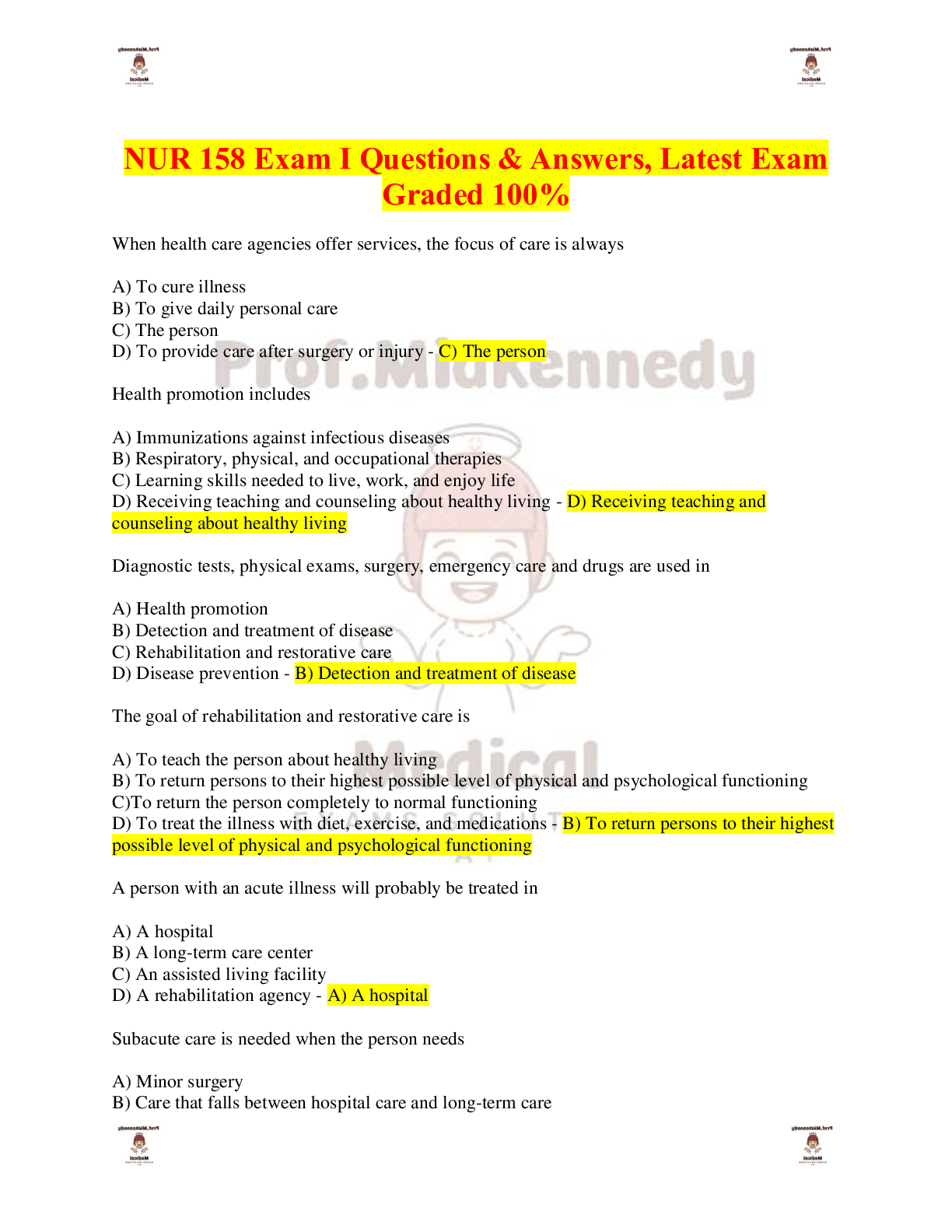 Preview image for NUR 158 Exam I Questions & Answers, Latest Exam Graded 100%