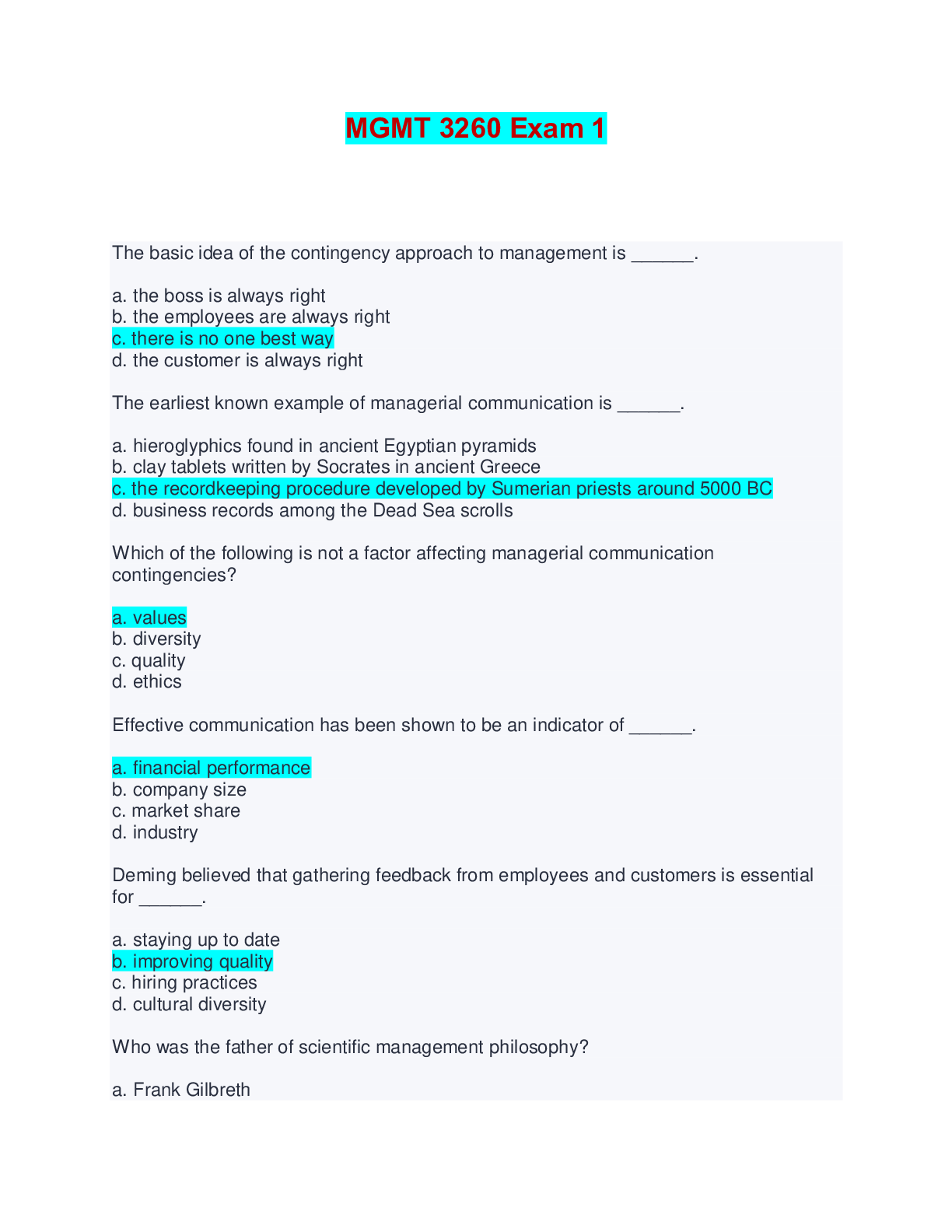 Preview image for MGMT 3260 Exam 1 | Questions with Verified Answers
