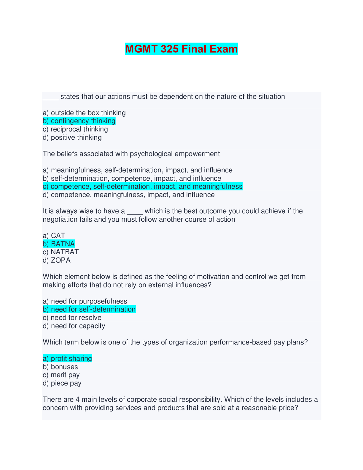 MGMT 325 Final Exam | Questions and Answers