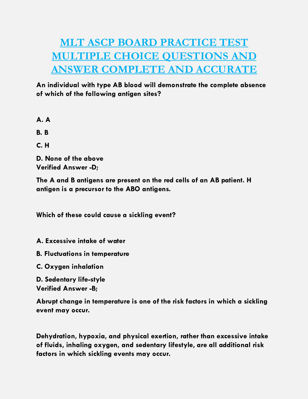 MLT ASCP BOARD PRACTICE TEST  MULTIPLE CHOICE QUESTIONS AND  ANSWER COMPLETE AND ACCURATE