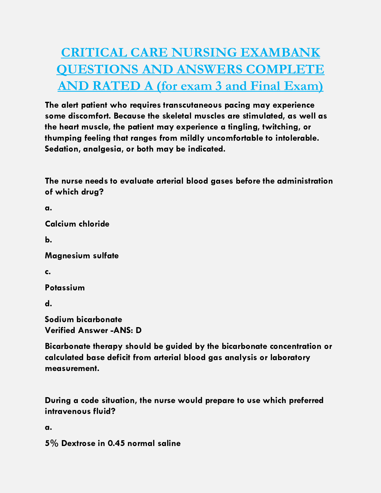 Preview of CRITICAL CARE NURSING EXAMBANK  QUESTIONS AND ANSWERS COMPLETE  AND RATED A (for exam 3 and Final Exam)