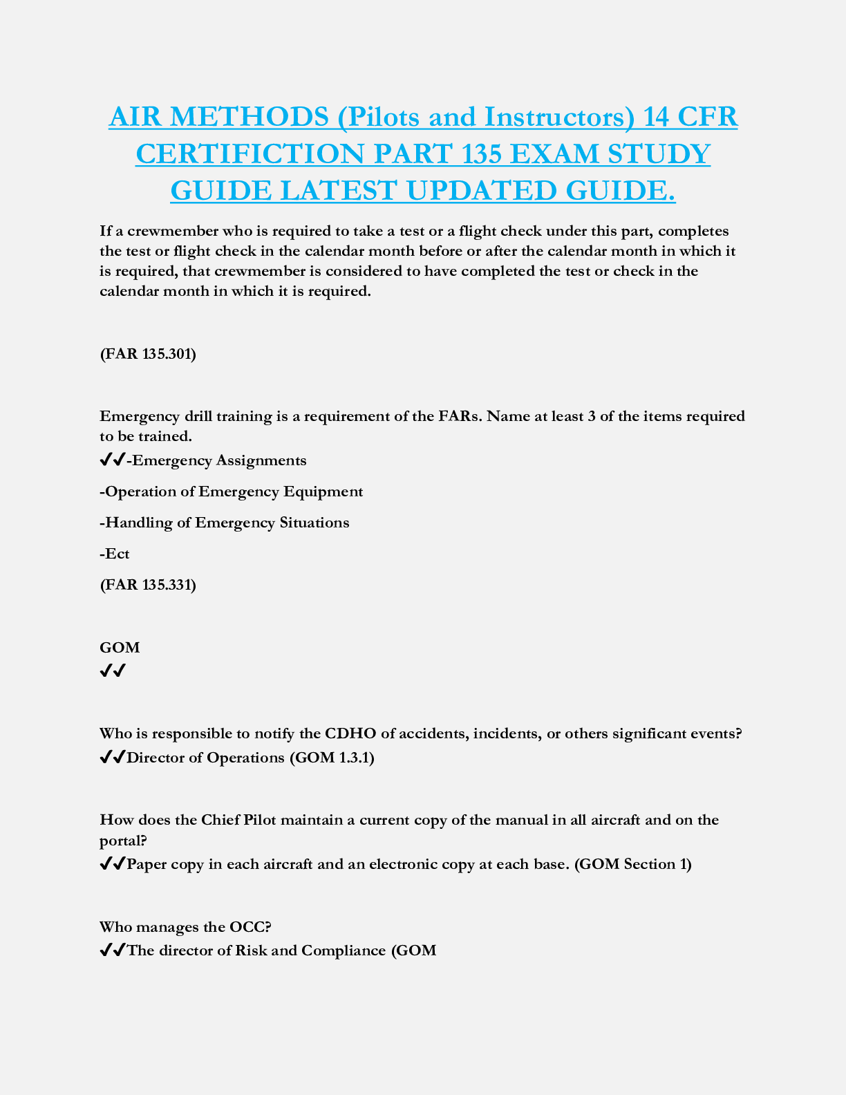 AIR METHODS (Pilots and Instructors) 14 CFR  CERTIFICTION PART 135 EXAM STUDY  GUIDE LATEST UPDATED GUIDE.