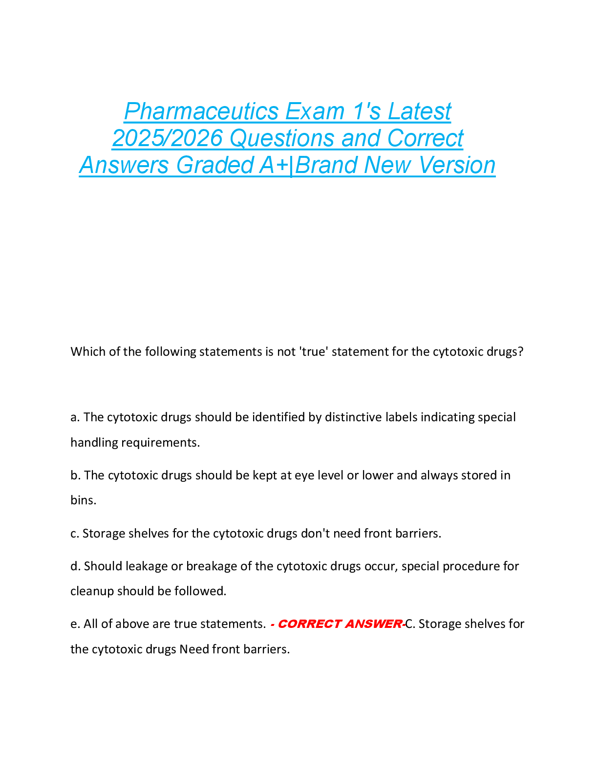 Preview image for Pharmaceutics Exam 1's Latest  2025/2026 Questions and Correct  Answers Graded A+|Brand New Version
