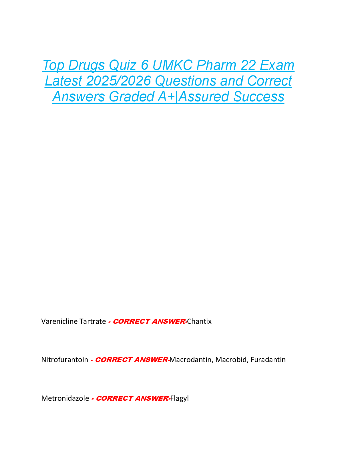 Preview image for Top Drugs Quiz 6 UMKC Pharm 22 Exam  Latest 2025/2026 Questions and Correct  Answers Graded A+|Assured Success