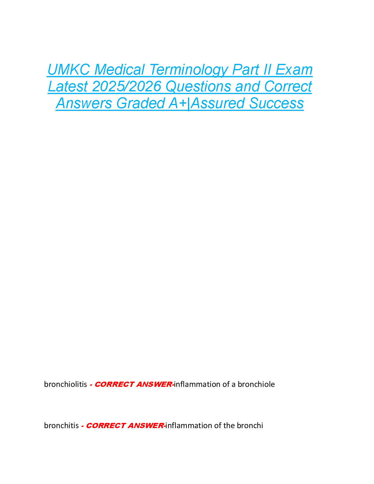Preview image for UMKC Medical Terminology Part II Exam  Latest 2025/2026 Questions and Correct  Answers Graded A+|Assured Success